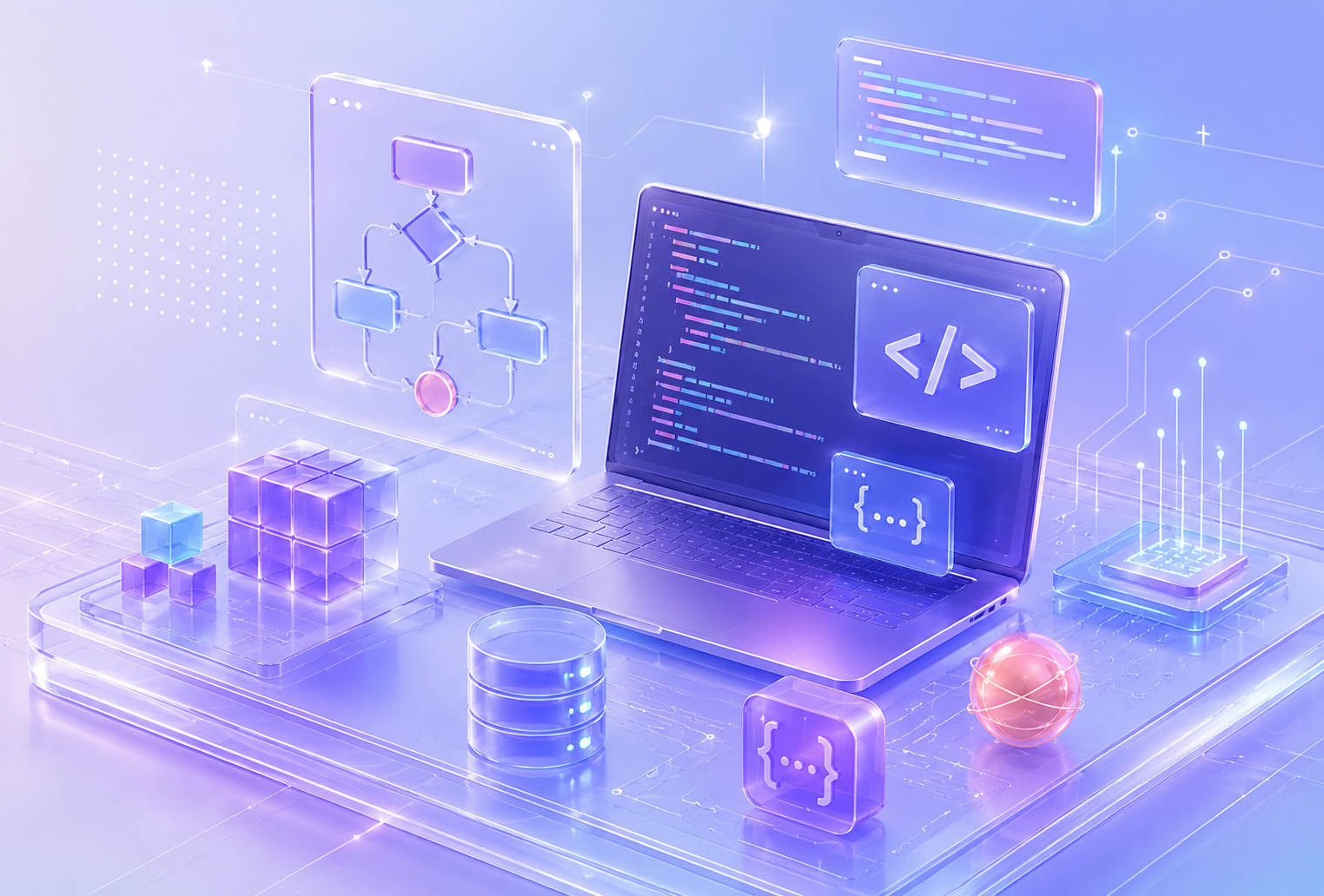 Informatika témájú modern 3D-s szemléltetés laptoppal, kóddal és algoritmus elemekkel