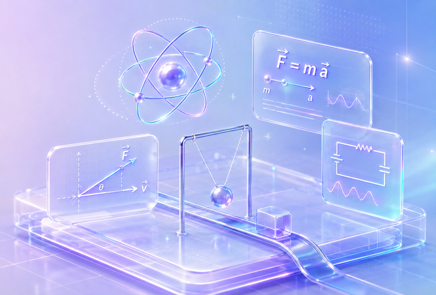 Fizika témájú modern 3D-s szemléltetés üvegfelületekkel, képletekkel és áramköri elemekkel