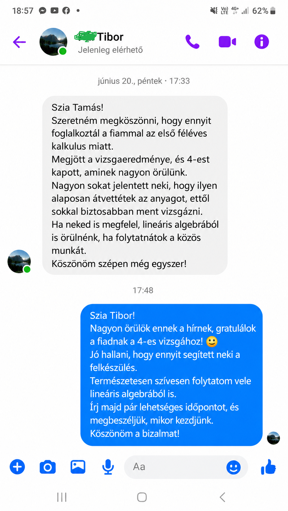 Valódi szülői visszajelzés 4-es kalkulus vizsgaeredményről