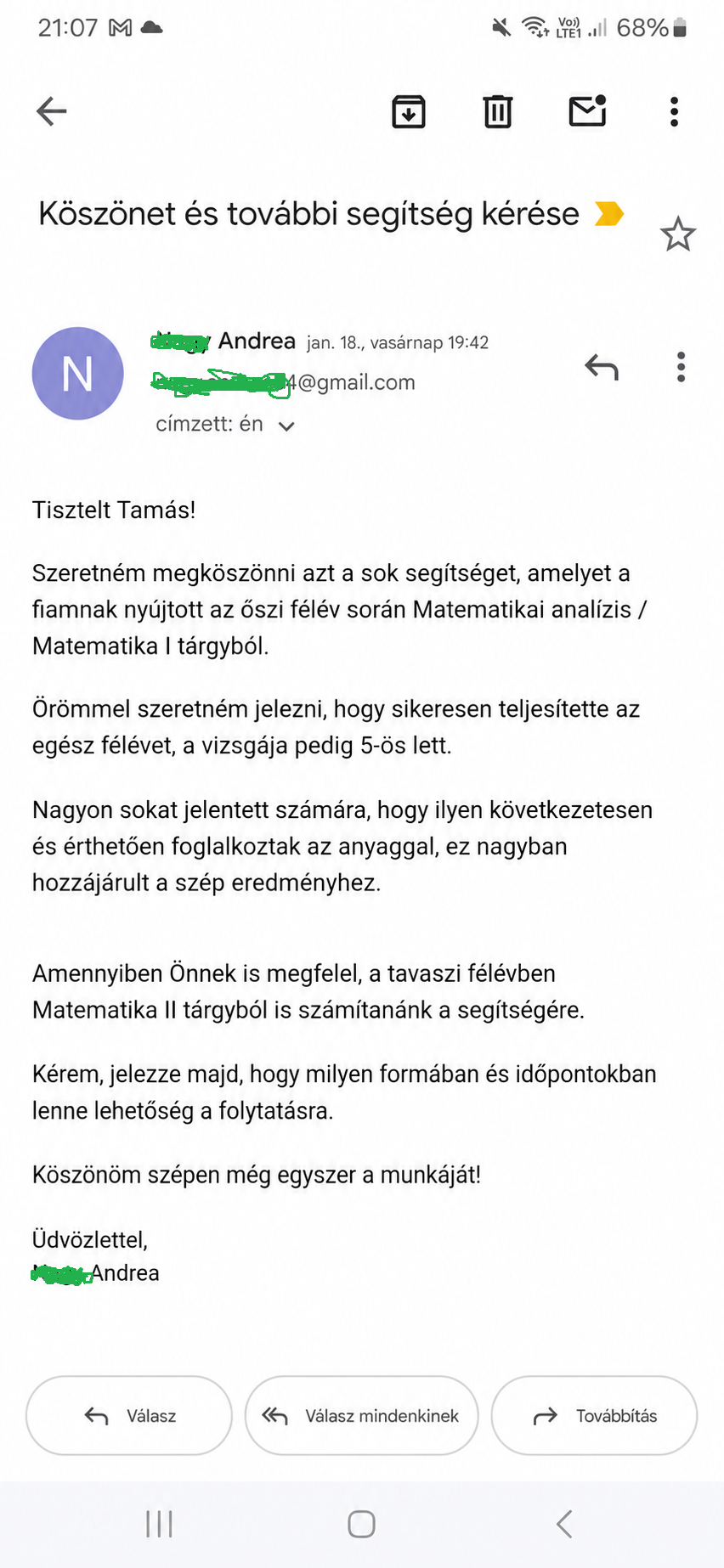 Valódi szülői visszajelzés 5-ös Matematika I vizsgaeredményről